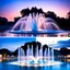 Placeholder: Create a scene where 16 fountains in a small sea shoot water jets in the shape of a love symbol, creating beautiful splashes in the water.