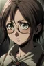 Placeholder: The character of a girl whose hair reaches her shoulder is slightly scattered, a dark brown color as if it is black and her eyes as well, and she wears medical glasses while she is black from anime. attack on titan