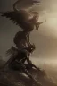 Placeholder: Fallen angel character crouching, yellow eyes, dark hair, dark armor, waist up portrait, Demonic tail, hyperrealistic, intricate details, insanely detailed, cityscape background, natural lighting, black wings