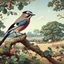 Placeholder: Wildlife painting in the style of Charles Tunnicliffe, showing a European Jay, perched upon the branch of a tree in the English countryside. Modifiers: oil on canvas Art Nouveau 1950s style oil on canvas wildlife art Charles Tunnicliffe ladybird books Art Nouveau oil on canvas oil on canvas