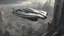 Placeholder: a photorealistic sleek silver spaceship flying over a ruined city