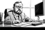 Placeholder: big russian man sitting at desk, portrait, speech, TV address, nametag, glasses, neck beard, short hair, mustache, suit; caricature style, sketch art; black and white; grayscale, pencil drawing