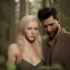 Placeholder: A photo realistic portrait of a stunning blonde girl and muscular dark haired man in a lovers embrace standing in a forrest