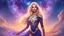 Placeholder: Full body portrait of a peaceful ((smiling)) gorgeous blonde Goddess of the galaxies with a blue indigo purple skin, high skul, luminous eyes in a galactic sunset