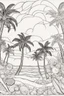 Placeholder: Palm trees with seashells, outlined in black and white with clear, substantial lines for an adult coloring book, contour, vector, clean line art, against a white background