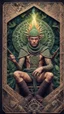 Placeholder: mandala style framed playing card illustration, close up portrait of an ace happy blessed ancient magical scaly slimy weird toga elf mad max soldier posing for photo shoot on a throne, holding a burning sceptre, in a space alien mega structure with stairs and bridges woven into a sacred geometry knitted tapestry in the middle of lush magic jungle, bokeh like f/0.8, tilt-shift lens 8k, high detail, smooth render, down-light, unreal engine, prize winning