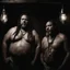 Placeholder: half figure shot photography of two angry gipsy 41 years old burly chubby ugly men embracing tightly, dreadlocks, shirtless, in a sauna full of steam, dim lights, side light, ambient occlusion,