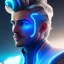 Placeholder: Handsome galactique man with blue and blond hair in the wind, lightining tron suit, lights, hight détails, cinematic, artstation, unreal engine 5, stars in background