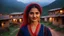 Placeholder: (Photographic Close View) The image should depict a serene evening scene of a traditional Pakistani village at beautiful dark rainy night, featuring a (closeup face view of a) young happy woman wearing a navy-blue checkered dress with red embroidery, surrounded by rustic houses, thick trees and breathtaking mountain landscapes, bathed in soft golden light and dramatic hues of orange, pink, and purple.