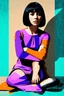 Placeholder: whimsical arafed nonsense stylized abstract portrait of a woman with dark bob hair, seated with arms crossed, (((oversize head))), in vibrant patchwork purple dress and orange accents around wrists, background is blend of bold beige and drab patchwork vibe, cyan tints, rainy whimsical afternoon, sharp color contrasts, amazing shadows, minimal cozy, color leak, heavily distorted views, amazing parallels