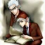 Placeholder: portrait of one single calm elf with white hair in brown suit reading a legendary book, fantasy character art, concept art, somber, gloomy lighting, watercolor style