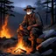 Placeholder: The old ranger warrior, weathered by years of wandering the untamed lands, sets his campfire at the edge of the dense forest. Perched on a hill, a large rock provides shelter from the rain, its shadow dancing in the flickering orange light of the fire. The flames cast eerie shadows on the old ranger's face, highlighting his rugged features and world-weary gaze. Around him, the night is alive with the sounds of the forest.