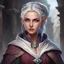 Placeholder: dungeons & dragons; digital art; portrait; female; sorceress; dragonic bloodline; two colored eyes; silver hair; young woman; flowing robes; veil; braided bun; greek dress; soft smile; cloak; magic; half-elf; no makeup; dark clothes; mage clothes; traveling; young