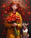 Placeholder: Create a moving illustration of a red girl wearing a yellow coat holding a bouquet of red poppies, standing peacefully, head leaning upward. A Oriental shorthair Siamese chocolate point cat with a red heart-shaped collar sits at her feet, looking up adoredly. Use a dark, textured background to accentuate the heat of the subjects. Emphasize a calm and introspective atmosphere. HD