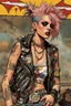 Placeholder: Tank Girl wore a patchwork of punk-rock attire, each piece a symbol of her fierce individuality. A tattered leather jacket, adorned with an eclectic assortment of pins and patches, clung to her lithe frame. Fishnet stockings ran beneath the cutoff shorts that defied the scorching heat. Her combat boots were worn and scuffed, bearing witness to countless adventures across the wastelands. In her grip, she held a weapon that was both her ally and her declaration of defiance—a hefty, modified firear