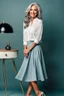 Placeholder: full body of very beautiful lady midi light blue skirt and bluse , gray hair ,standing idle happy pose in studio pretty makeup