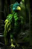 Placeholder: big bird 9feet tall with dark green feathers, in a Amazonian forest. looking mysterious and and having a human posture, and make it looking like he wears a costume of his feathers and make it looking mysterious add more green a and add a human next to. make the bird more like an human, make it scary and mysterious add a human next to bird