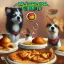 Placeholder: dogs trying to reach food on tables