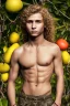 Placeholder: beautiful 12 year old arabic boy with long, blonde curly hair and light blue eyes, smiling, shirtless, in front of a distant mango tree