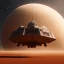 Placeholder: volumetric desert environment, Ralph McQuarrie style painting of an armored hovercraft, floating in the air, highly detailed, renderman, duststorm at sunrise