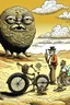 Placeholder: giant old bicycle with pepe on the top smoking in the desert with small people around in the style of Hiroshi Nagai