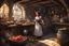 Placeholder: a demoness converted in a maid, doing the cook in the kitchen of a peasant Hutt in a medieval heroic fantasy environment