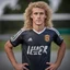 Placeholder: 85mm DSLR color photography of a very detailed headshot fitting all of head and hair in frame. 22-year-old Germen soccer player, with blonde hair color and no facial hair and has long curly hair with a small smile, grey background