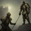 Placeholder: a Midieval knight in metallic gold and grey battle armor, attacking and holding a hockey stick, a highly detailed illustration, background of Celtic castle, realistic render, in style of tomasz alen kopera,