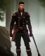 Placeholder: muscular male ranger, slender build, leather pants, black fur boots, belt, brown leather hood, short beard and mustache, long brown hair, stoic, long bow, green eyes, eyes are both in proportion, 3/4 look, standing, dark cobblestone alley, forest, intense, non-photorealistic rendering in the art style of j.scott campbell