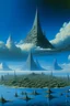 Placeholder: a utopia futuristic city filled with triangular buildings by the seas Jean Giraud, blue sky with clouds