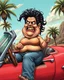 Placeholder: Consuela fat disgusting Mexican woman in a tank-top and jeans, illustrated in a RAT Fink Ed Roth's monsters Style driving a convertible car, big head with small body