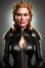 Placeholder: Cersei Lannister as evil queen in black leather coat, busty, cleavage, voluptuous, lena headay, angry, stern look. character design by cory loftis, fenghua zhong, ryohei hase, ismail inceoglu and ruan jia. unreal engine 5, artistic lighting, highly detailed, photorealistic, fantasy