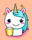 Placeholder: create a 2d outline, minimalist kawaii unicorn smiling and holding happy cup of coffee, high quality, colorful,colors, with beatiful background