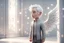 Placeholder: A silver-haired, balding chibi angel man stands in front of a sparkling white room wall, gazing eagerly at it in sunshine, ethereal, cinematic postprocessing, dof, bokeh Weight:1 detailed matte painting Weight:0.9