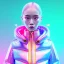 Placeholder: asian woman teenager, few freckles, gold teeth, padded coat, gummy style, retro futuristic, latex dress, gradient color, BLUE, PINK, CYAN, neon, insanely detailed, 16k resolution, perfect eyes, cinematic smooth, intricate detail