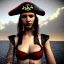 Placeholder: illustrator, hyper realistic, young spanish pirate girl, short hair.lips red smiling. tatoos on neck. dressed in leather and bra. pirate ships. comic pirat flag. high details, thunderstorm. 4k, unreal engine, misty, tintoretto