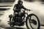 Placeholder: A man riding a vintage motorcycle, with the essence of Grisaille and the fluid dynamics of Ferrofluid surrounding him. -ar 16:9-s 50-