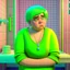 Placeholder: 3D,12 years old plus size girl, in the bathroom,necklace,looks exhausted, green short hair, colorful clothes, low cut,childish