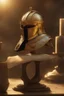 Placeholder: The Roman centurion's golden helmet lies on an old cracked wooden table. Next to it on the table is a cross on a string and a scroll of parchment. A ray of sunlight reflects off the helmet. All around is the entourage of ancient Rome. High quality image in 8K