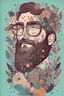 Placeholder: ilustracion plana sobre el retrato de un hombre con barba y lentes, con extracciones en partes de la cara y repuestas con motivos florales