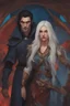 Placeholder: A couple, from the dnd game curse of Strahd. The woman has long white hair and blue eyes, the man has LONG BLACK hair and red eyes, no facial hair. He is standing protectively behind her.