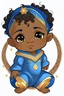Placeholder: an anime style drawing of a black and asian baby boy. hes wearing blue medieval royal baby onesie. he is sun and moon themed. he is adorable and he has freckles.