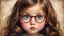 Placeholder: Little girl , in the style of Margaret Keane, long hair, ,very huge damp eyes, large vintage glasses, close up, very long eyelashes, freckles, red nose