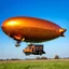 Placeholder: award winning photograph of a steampunk house-fly ufo dirigible designed by only one vehicle per image painted metallic orange traveling at a high rate of speed, jet intake off of front center of vehicle and jet exhaust out the rear bilaterally symetrical,