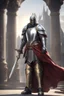 Placeholder: photorealistic holy knight paladin wearing a cape wielding a greatsword temple in the background