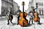 Placeholder: Group mature cats musicians, one guitar, one drums, singing, street, Vienna, smiling, sunny day, model style, hyper realistic, extremely accurate, delicate, extremely detailed, Graphic novel style, wide-angle, open aperture, superfine pencil