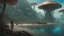 Placeholder: detailed matte painting of a wide-angle shot of a woman standing on the right-hand side of an alien beach, with dark hair in a silver robotic catsuit, many floating mushrooms with jellyfish tentacles, alien jungle trees in the distance, deep colour