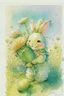 Placeholder: a cheerful cute furry fluffy chibi bunny holding a beautiful big carrot with the green on the green field with flowers S<AI by Jean-Baptiste Monge, watercolor and ink, intricate details, fantasy, beautiful, award winning, colorful, fantastic view, crisp quality, in sunshine