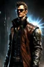 Placeholder: jc denton from teh deus ex game, a male tough character age 27 years, wearing sun glasses, kevlar vest under the leather long coat. front shot is looking up with the light ray from above