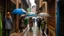 Placeholder: Narrow street of a traditional village on a rainy day, where the many passers protect themselves from the rain with umbrellas